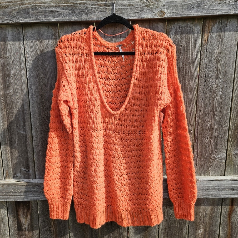 NWOT FREE PEOPLE Crashing Waves Knit Pullover in Orangy Red, XS - Picture 7 of 13